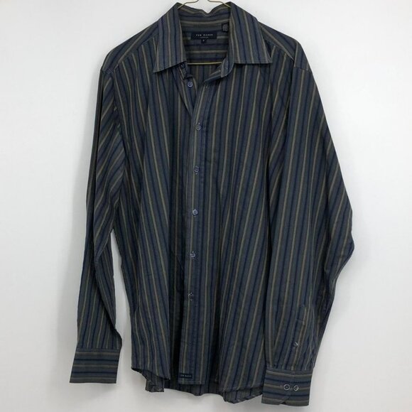 Ted Baker London vertical stripe navy and tan button down dress shirt cotton XL - Picture 14 of 15